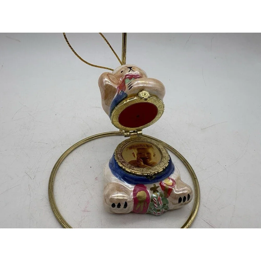 Vintage Teddy Bear Baby Photo Locket Christmas Ornament Ceramic Keepsake